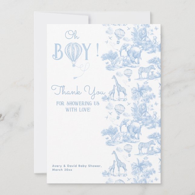 Oh Boy Blue Toile Safari Animal Baby Shower Tack Kort (Framsida)