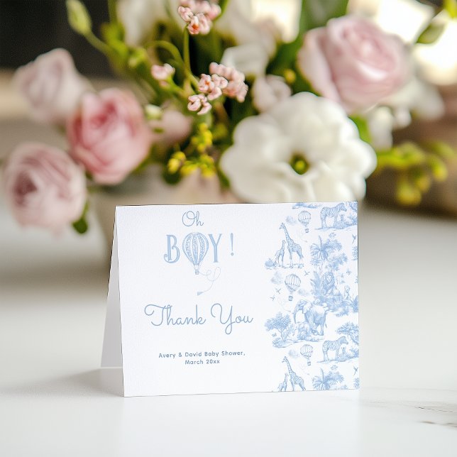 Oh Boy Blue Toile Safari Animal Baby Shower Tack Kort (Skapare uppladdad)