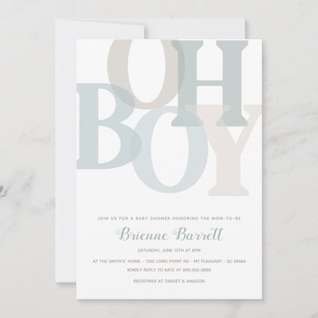 Oh Boy Boho Blue & Beige minimalist Baby Shower Inbjudningar (Framsida)