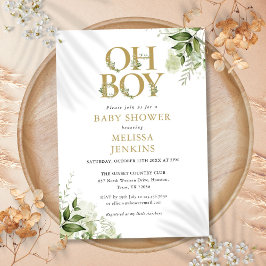 Oh Boy Botanical Greenery Guld Baby Shower Inbjudningar
