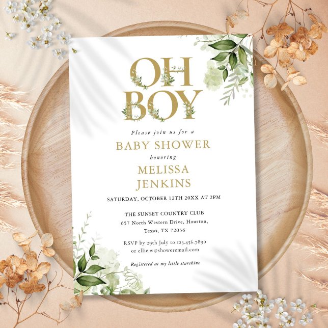Oh Boy Botanical Greenery Guld Baby Shower Inbjudningar (Oh Boy Botanical Greenery Gold Baby Shower Invitation)
