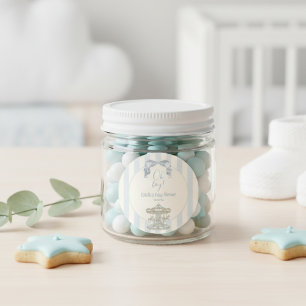 Oh Boy Bow Karusell Blå Rand Baby Shower Runt Klistermärke