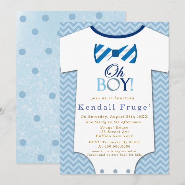 Oh Boy Bow Tie Bodydress Baby Shower-inbjudningar (Fram/baksida)