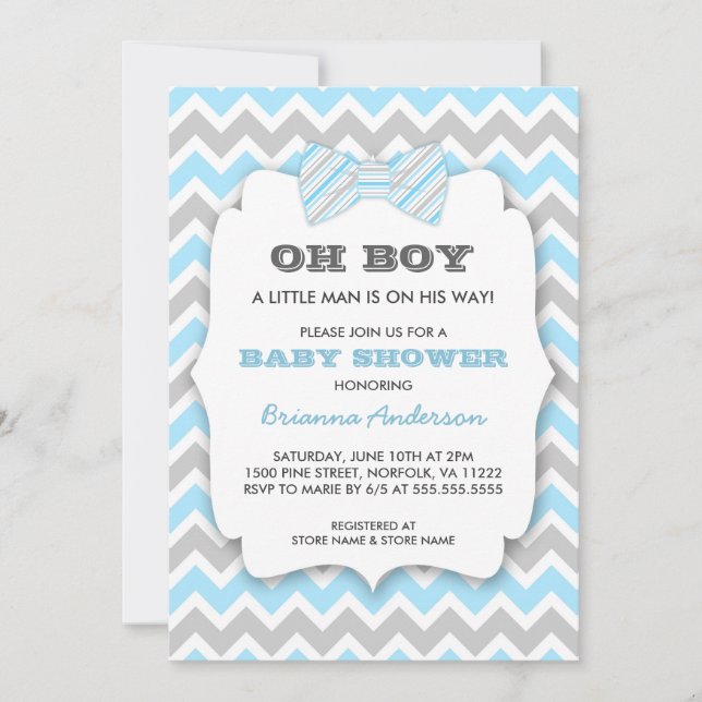 OH BOY Bowtie Baby dusch/blue grått chevron Inbjudningar (Framsida)