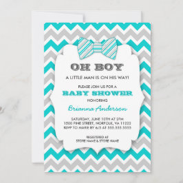 OH BOY Bowtie Baby dusch/turkos grått chevron Inbjudningar