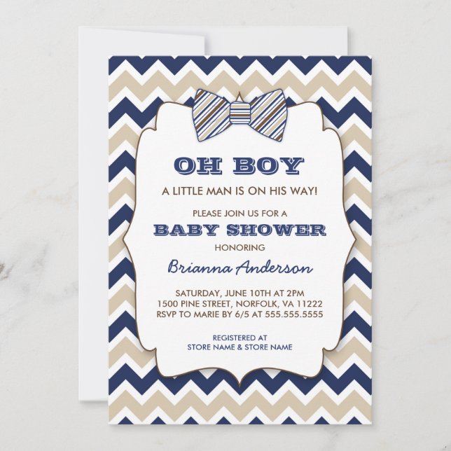 OH BOY Bowtie babydusch/marin brun chevron Inbjudningar (Framsida)