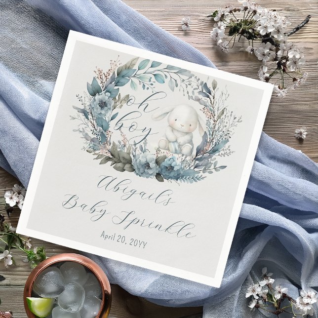 Oh Boy Bunny Rabbit Blue Blommigt Baby Sprinkle Pappersservett (Bunny Rabbit and Blue Floral Wreath Boy Baby Sprinkle Paper Napkin - "Oh Boy" Bunny Collection)