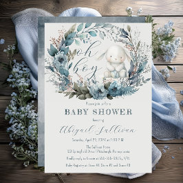 Oh Boy Bunny Rabbit Blue Blommigt Wand Baby Shower Inbjudningar