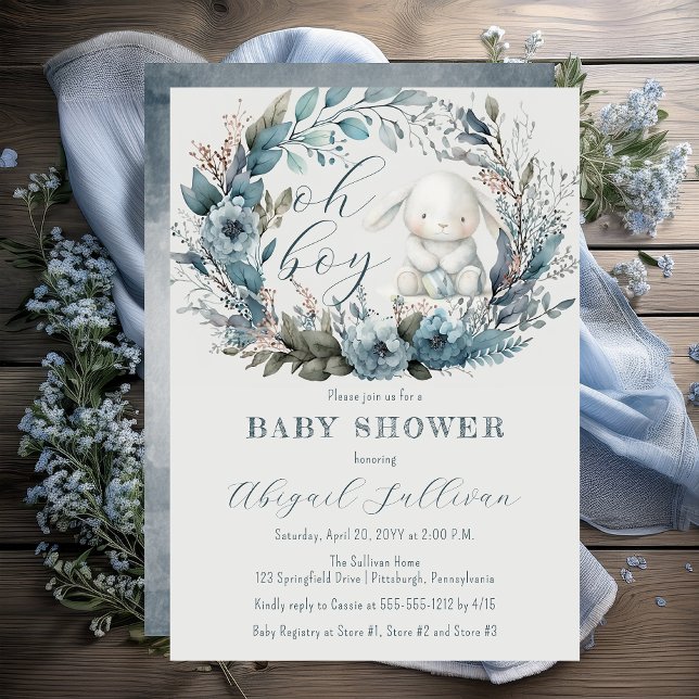 Oh Boy Bunny Rabbit Blue Blommigt Wand Baby Shower Inbjudningar ("Oh Boy" Bunny Rabbit and Blue Floral Wreath Boy Baby Shower Invitation - Print | Digital)