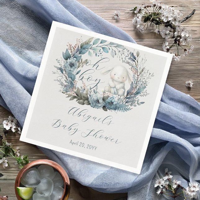 Oh Boy Bunny Rabbit Blue Blommigt Wand Baby Shower Pappersservett (Bunny Rabbit and Blue Floral Wreath Boy Baby Shower Paper Napkins - "Oh Boy" Bunny Collection)