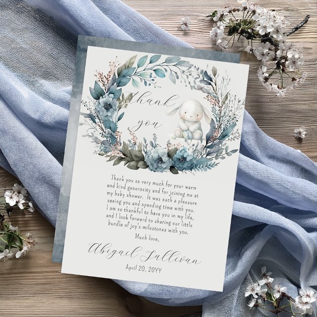 Oh Boy Bunny Rabbit Blue Blommigt Wand Baby Shower Tack Kort (Bunny Rabbit and Blue Floral Wreath Boy Baby Shower Thank You Flat Card - "Oh Boy" Bunny Collection)