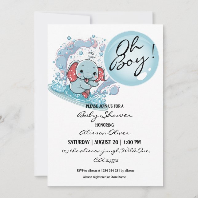 Oh Boy Cute Baby Elephant Blue Bubble Baby Shower Inbjudningar (Framsida)