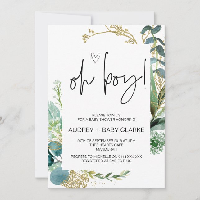 Oh Boy Cute Baby Shower Party Grönt Eucalyptus Inv Inbjudningar (Framsida)