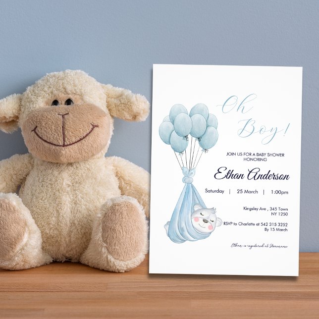 Oh Boy Cute Bear Balloon Baby Shower-inbjudan Inbjudningar (Oh Boy Cute Bear Balloon Baby Shower Invite)