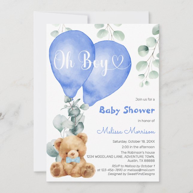 Oh Boy Cute Bear Blue Balloons Boy Shower Inbjudningar (Framsida)