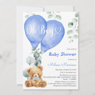 Oh Boy Cute Bear Blue Balloons Boy Shower Inbjudningar