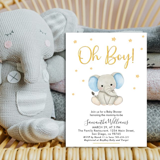 Oh Boy Cute Blue Baby Elephant Baby Shower Inbjudningar (Skapare uppladdad)