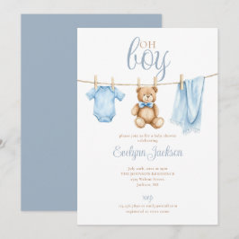 Oh Boy Cute Blue Clothesline Baby Shower Inbjudningar