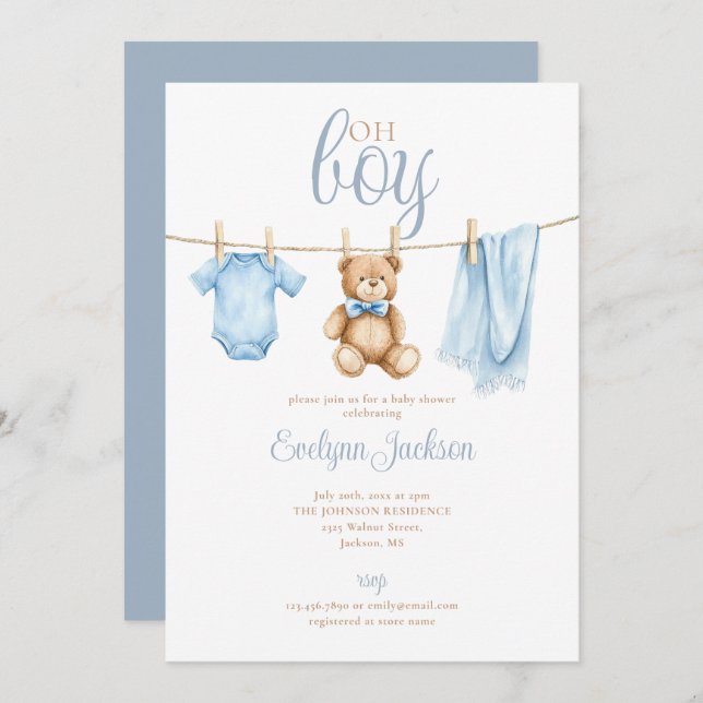 Oh Boy Cute Blue Clothesline Baby Shower Inbjudningar (Fram/baksida)