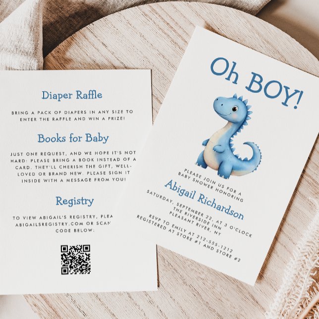 Oh Boy Cute Blue Dinosaur QR Code Baby Shower Inbjudningar (Skapare uppladdad)