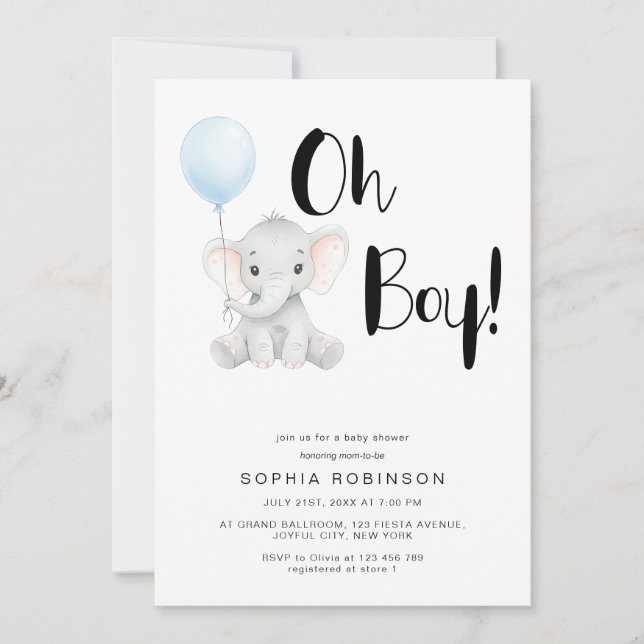 Oh Boy Cute Elephant Bold Typography Baby Shower Inbjudningar (Framsida)