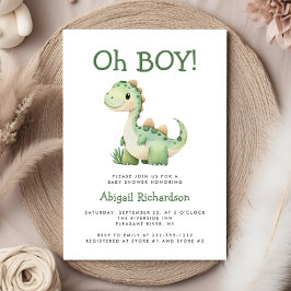 Oh Boy Cute Grönt Dinosaur Baby Shower Inbjudningar