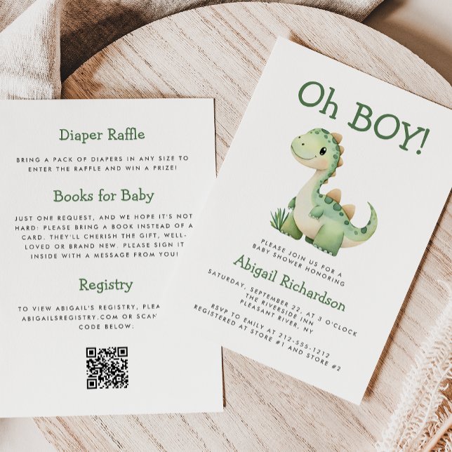 Oh Boy Cute Grönt Dinosaur QR Code Baby Shower Inbjudningar (Skapare uppladdad)