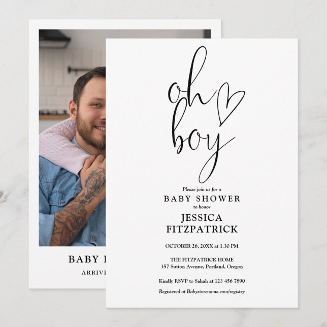 Oh Boy Cute Heart Script Photo Baby Shower Inbjudningar (Fram/baksida)