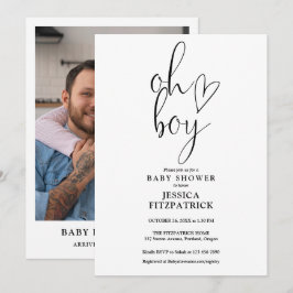 Oh Boy Cute Heart Script Photo Baby Shower Inbjudningar