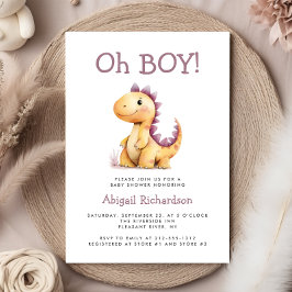 Oh Boy Cute Orange Lila Dinosaur Baby Shower Inbjudningar
