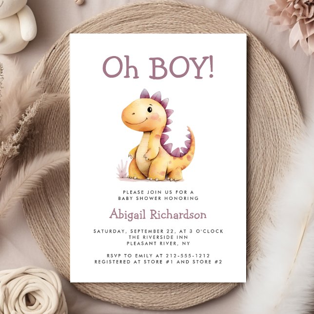 Oh Boy Cute Orange Lila Dinosaur Baby Shower Inbjudningar (Skapare uppladdad)