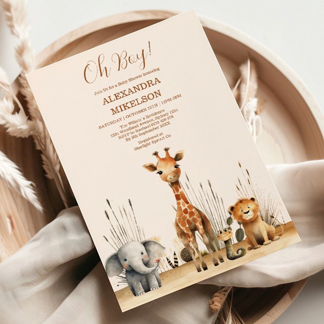Oh Boy Cute Safari Animal Greenery Baby Shower Inbjudningar (Skapare uppladdad)