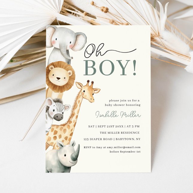 Oh Boy Cute Safari Animal Greenery Boy Shower Inbjudningar (Oh Boy Cute Safari Animal Greenery Boy Baby Shower Invitation)