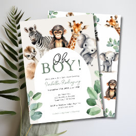 Oh Boy Cute Safari Animals Greenery Baby Shower Inbjudningar