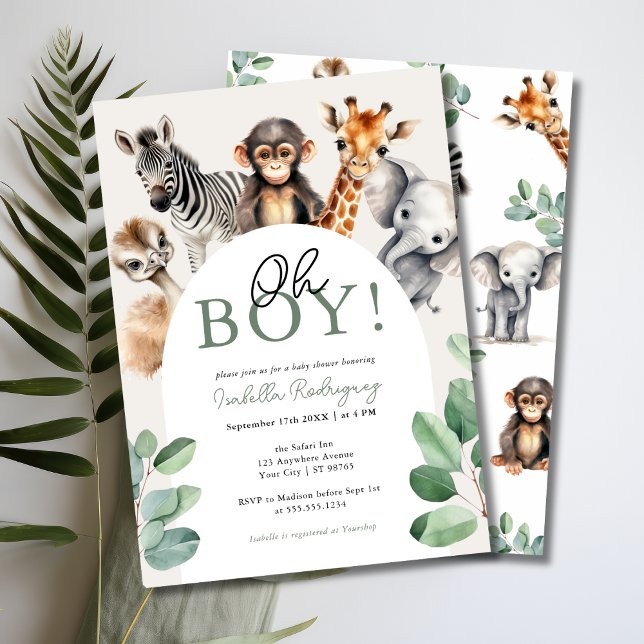Oh Boy Cute Safari Animals Greenery Baby Shower Inbjudningar (Oh Boy, Jungle Safari Baby Shower Invitation)