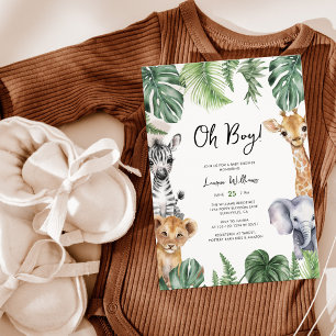 Oh Boy Cute Safari Animals Greenery Baby Shower Inbjudningar