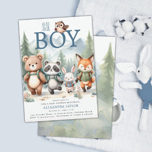 Oh Boy Cute Woodland Animal Hiking Boy Baby Shower Inbjudningar