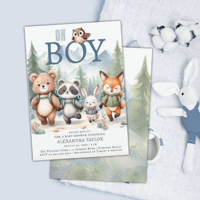 Oh Boy Cute Woodland Animal Hiking Boy Baby Shower Inbjudningar (woodland baby shower invitation adventure mountain forest cute animals boy hiking watercolor)