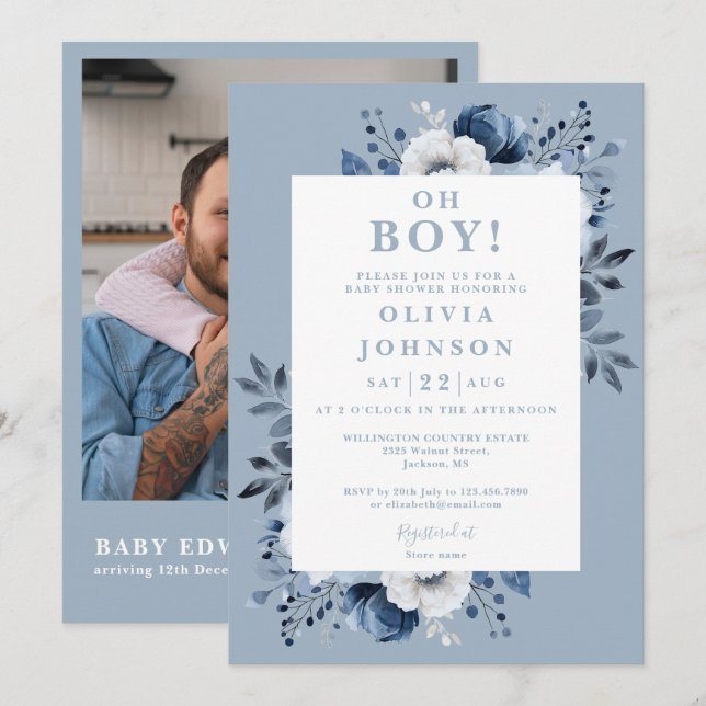 Oh Boy Dammet blå Blommig Foto QR Baby Shower Inbjudningar (Fram/baksida)