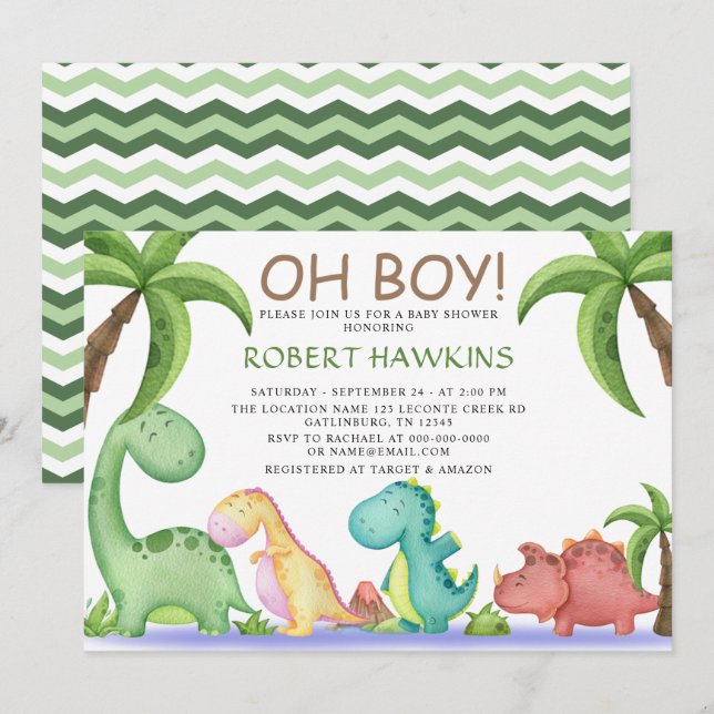 Oh Boy Dinosaur Baby Shower Inbjudningar (Fram/baksida)