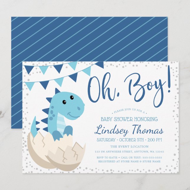 Oh Boy Dinosaur Navy Blue Baby Shower Inbjudningar (Fram/baksida)