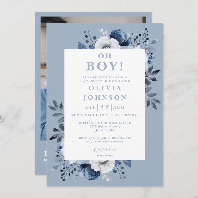 Oh Boy Dusty Blue Blommigt Photo QR Baby Shower Inbjudningar (Fram/baksida)