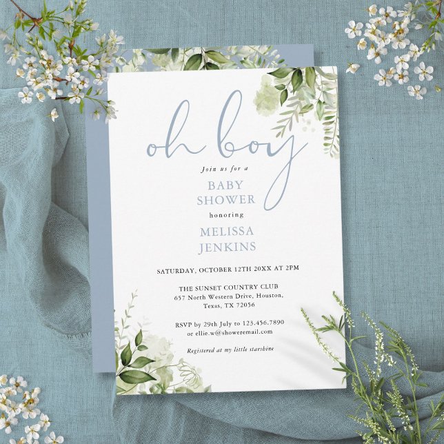 Oh Boy Dusty Blue Greenery Baby Shower Inbjudningar (Oh Boy Dusty Blue Greenery Baby Shower Invitation)