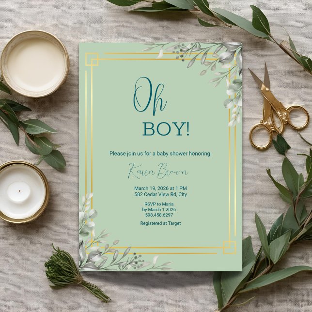 Oh Boy Elegant Greenery & Guld Baby Shower Inbjudningar (Skapare uppladdad)