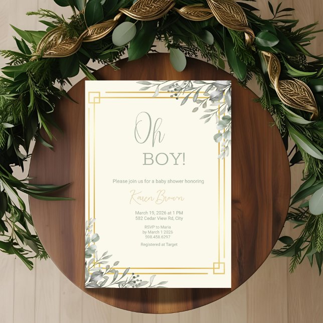 Oh Boy Elegant Greenery & Guld Baby Shower Inbjudningar (Skapare uppladdad)