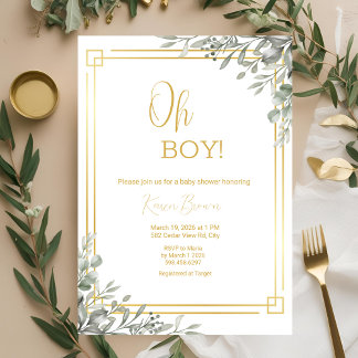 Oh Boy Elegant Greenery & Guld Baby Shower Inbjudningar