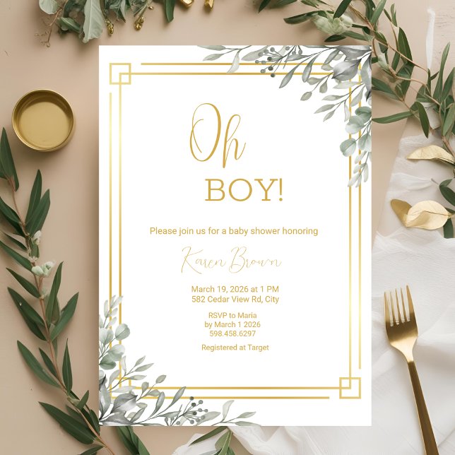 Oh Boy Elegant Greenery & Guld Baby Shower Inbjudningar (Skapare uppladdad)