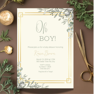 Oh Boy Elegant Greenery & Guld Baby Shower Inbjudningar