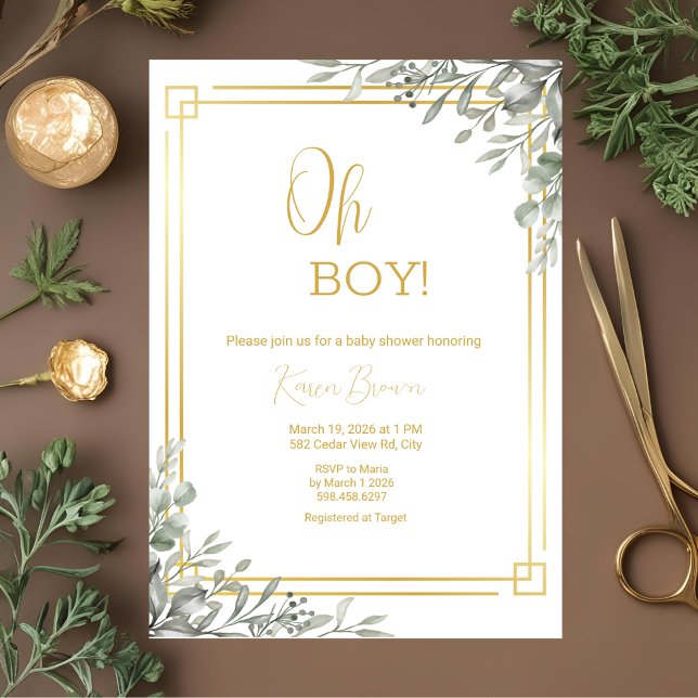 Oh Boy Elegant Greenery & Guld Baby Shower Inbjudningar (Skapare uppladdad)