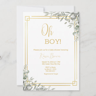 Oh Boy Elegant Greenery & Guld Baby Shower Inbjudningar